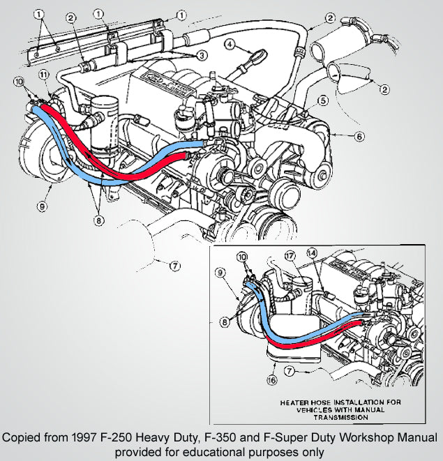 1997 Ford 5.8L 351 heater core lines, an illustration